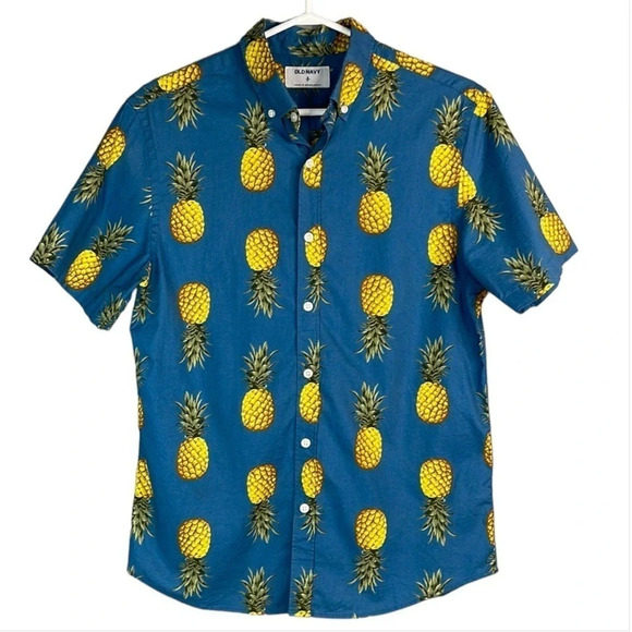 5/$25 OLD NAVY Mens Pineapple Print Button Down Shirt Blue Short Sleeve S - Picture 2 of 10